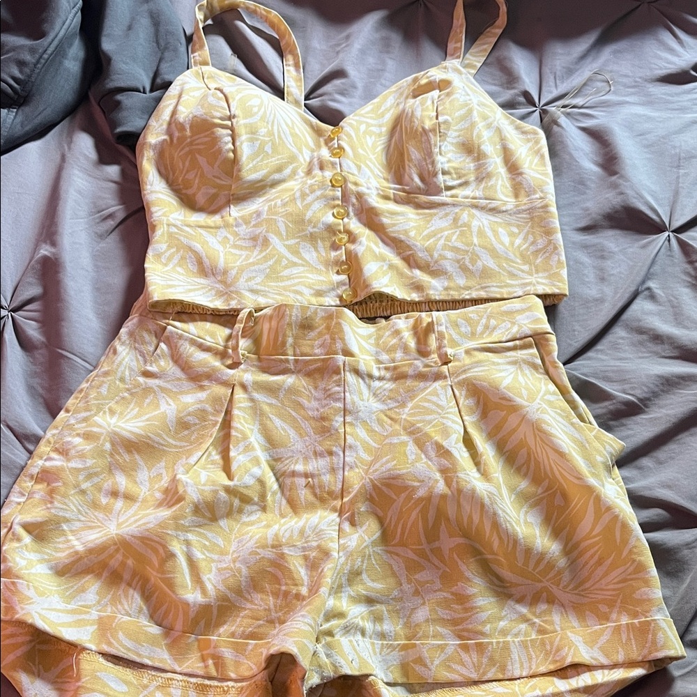 Fashion Nova Yellow Leaf Print Shorts